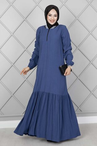 Yakası Şerit Detaylı Elbise İndigo - Thumbnail