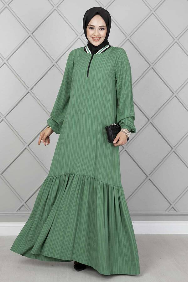 Yakası Şerit Detaylı Elbise Mint Yeşili