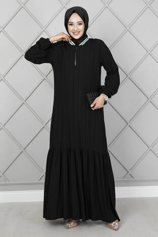 Yakası Şerit Detaylı Elbise Siyah - Thumbnail