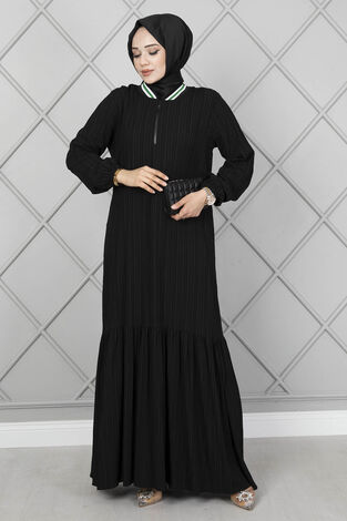 Yakası Şerit Detaylı Elbise Siyah - Thumbnail