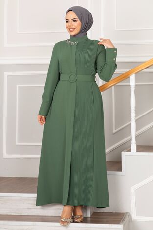 Yakası Taşlı Piliseli Tesettür Elbise Çağla Yeşili - Thumbnail
