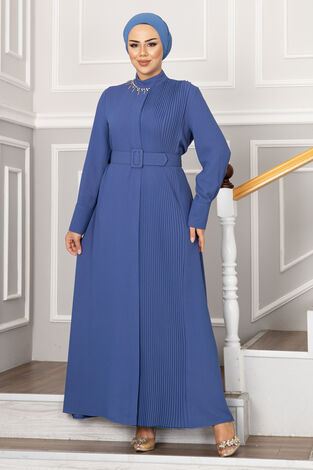 Yakası Taşlı Piliseli Tesettür Ferace İndigo - Thumbnail