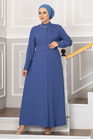 Yakası Taşlı Piliseli Tesettür Ferace İndigo - Thumbnail