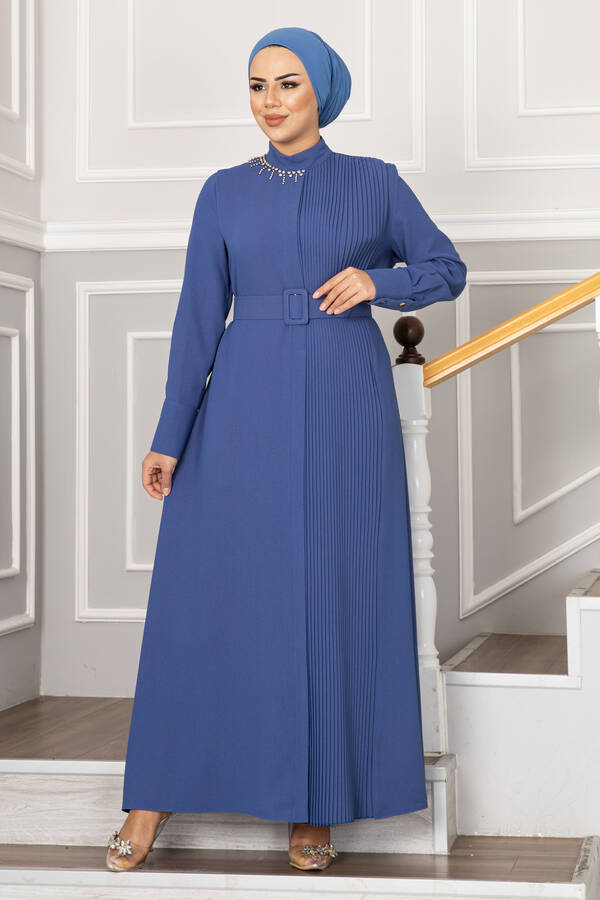 Yakası Taşlı Piliseli Tesettür Ferace İndigo