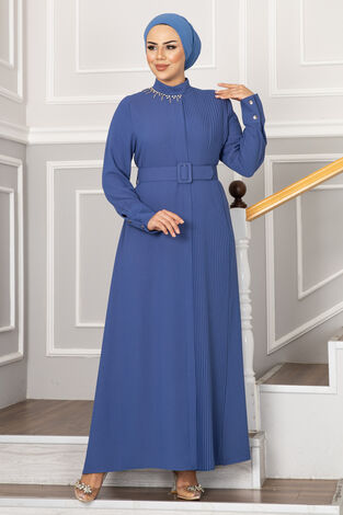 Yakası Taşlı Piliseli Tesettür Ferace İndigo - Thumbnail