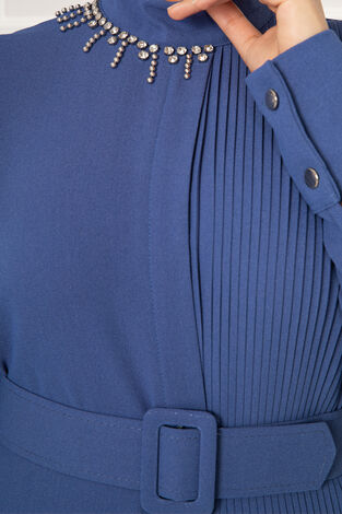 Yakası Taşlı Piliseli Tesettür Ferace İndigo - Thumbnail