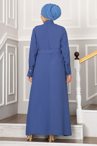 Yakası Taşlı Piliseli Tesettür Ferace İndigo - Thumbnail