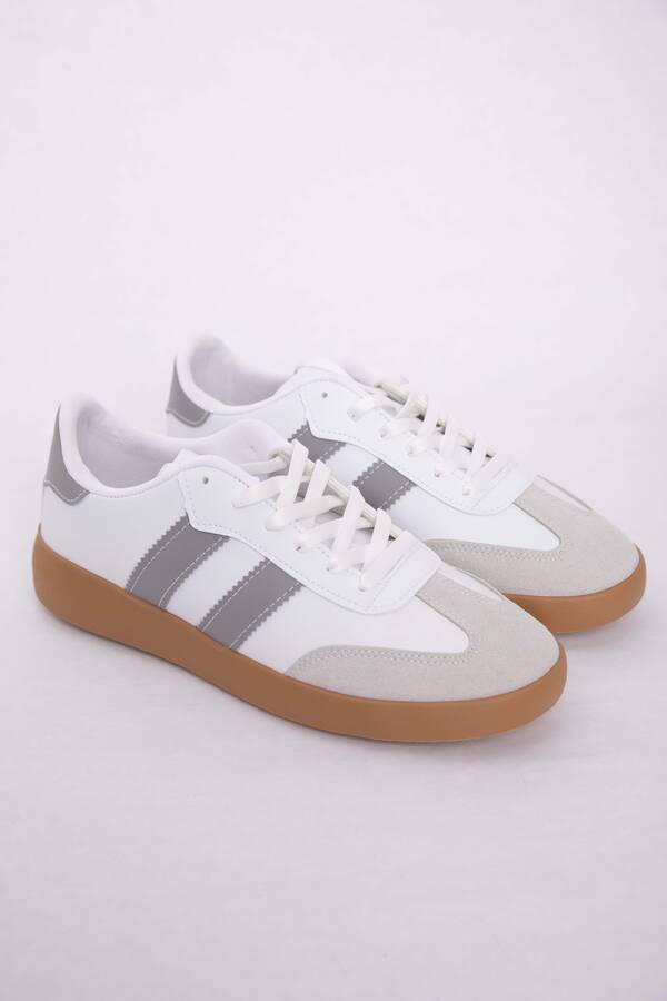 Srç - Yan Şerit Detaylı Sneaker Spor Ayakkabı Beyaz-Gri