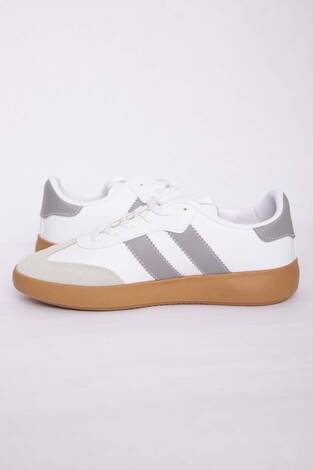 Yan Şerit Detaylı Sneaker Spor Ayakkabı Beyaz-Gri - Thumbnail