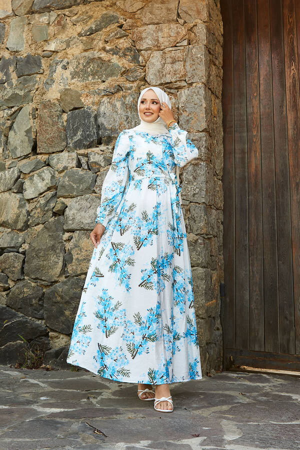 Yandan Bağlamalı Çiçek Desen Modal Elbise Mavi - 3