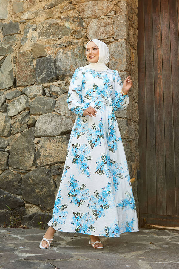 Yandan Bağlamalı Çiçek Desen Modal Elbise Mavi - 4