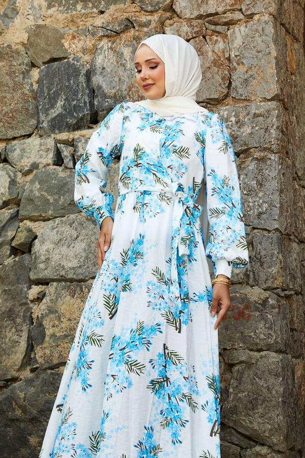 Efl - Yandan Bağlamalı Çiçek Desen Modal Elbise Mavi (1) Efl - Yandan Bağlamalı Çiçek Desen Modal Elbise Mavi (1)