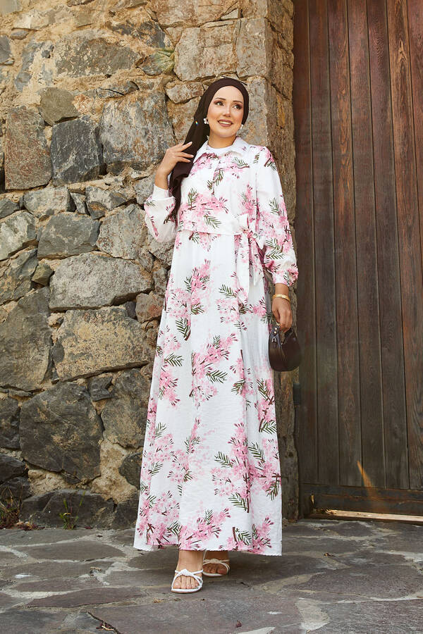 Yandan Bağlamalı Çiçek Desen Modal Elbise Pembe Yandan Bağlamalı Çiçek Desen Modal Elbise Pembe