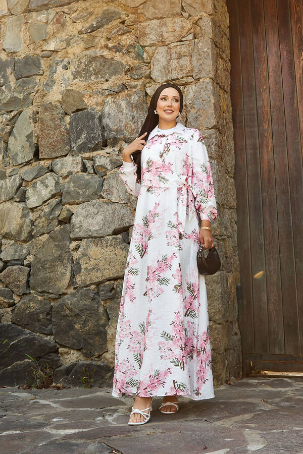 Yandan Bağlamalı Çiçek Desen Modal Elbise Pembe - 3