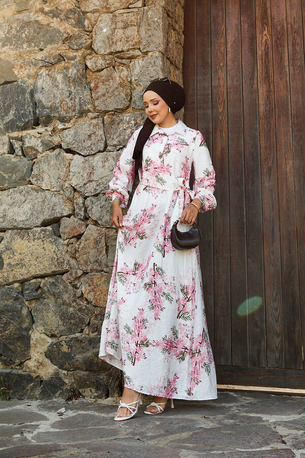 Yandan Bağlamalı Çiçek Desen Modal Elbise Pembe - 4