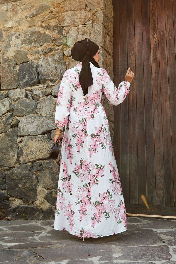 Yandan Bağlamalı Çiçek Desen Modal Elbise Pembe - 5