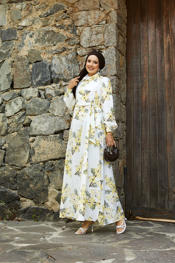 Yandan Bağlamalı Çiçek Desen Modal Elbise Sarı - 3