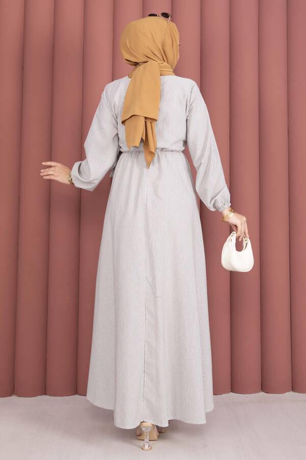Yandan Bağlamalı Çizgili Tesettür Elbise Kahve - 5