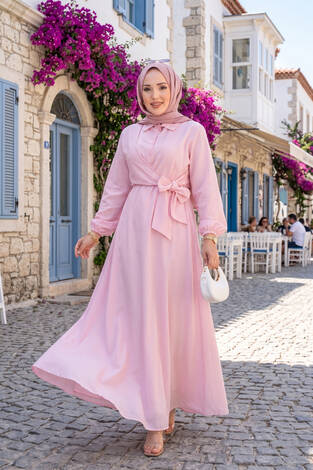 Yandan Bağlamalı Çizgili Tesettür Elbise Pembe