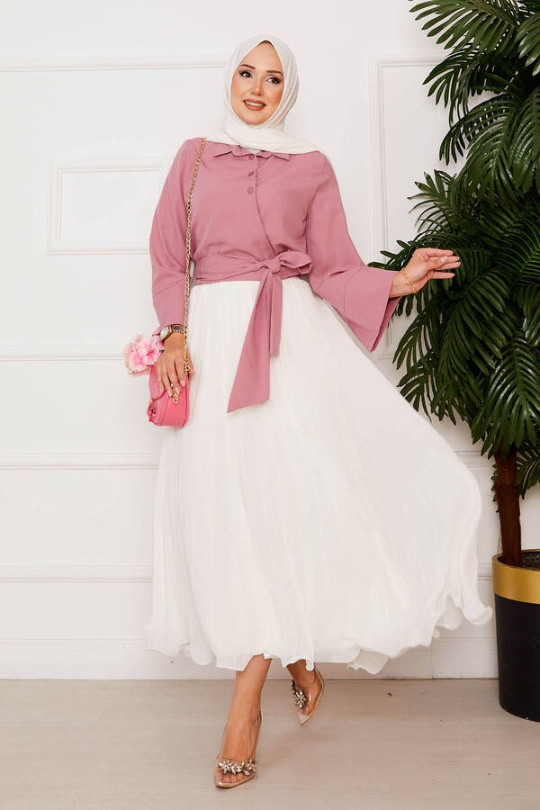 MD - Yandan Bağlamalı Geniş Kol Gömlek Gülkurusu (1)