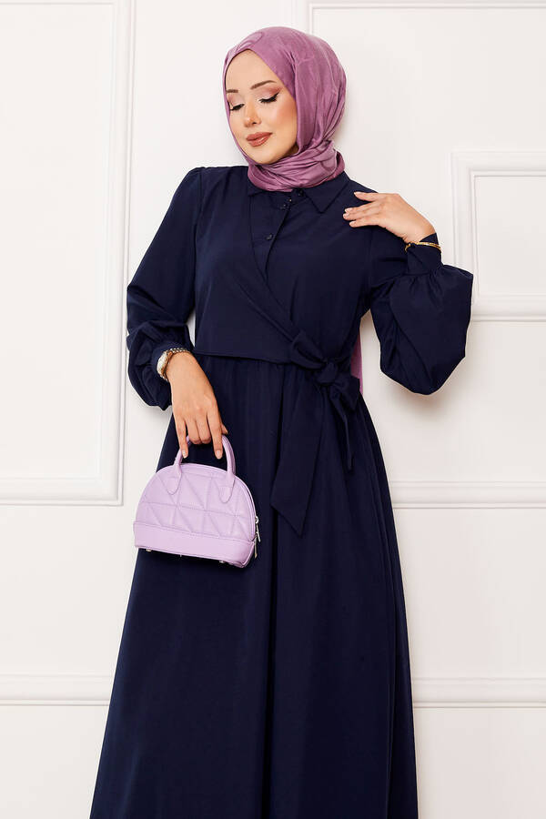 Efl - Yandan Bağlamalı Gömlek Yakalı Elbise Lacivert (1) Efl - Yandan Bağlamalı Gömlek Yakalı Elbise Lacivert (1)