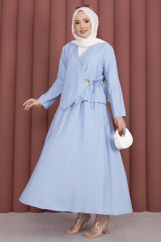 Yandan Bağlamalı Kimono Etek İkili Takım Bebe Mavisi - Thumbnail