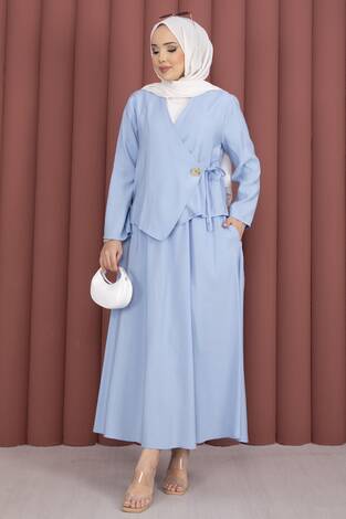 Yandan Bağlamalı Kimono Etek İkili Takım Bebe Mavisi - Thumbnail