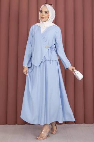 Yandan Bağlamalı Kimono Etek İkili Takım Bebe Mavisi - Thumbnail