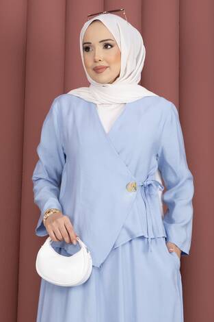 Yandan Bağlamalı Kimono Etek İkili Takım Bebe Mavisi - Thumbnail