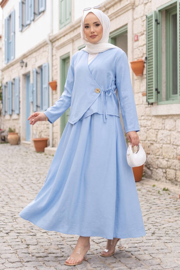 Yandan Bağlamalı Kimono Etek İkili Takım Bebe Mavisi