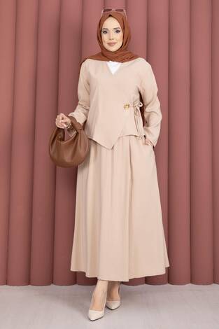Yandan Bağlamalı Kimono Etek İkili Takım Bej - Thumbnail