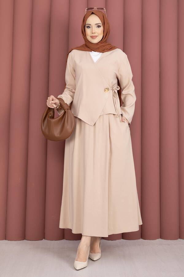 Znk - Yandan Bağlamalı Kimono Etek İkili Takım Bej