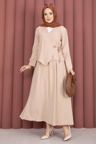 Yandan Bağlamalı Kimono Etek İkili Takım Bej - Thumbnail
