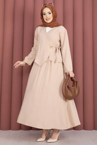 Yandan Bağlamalı Kimono Etek İkili Takım Bej - Thumbnail