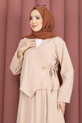 Yandan Bağlamalı Kimono Etek İkili Takım Bej - Thumbnail