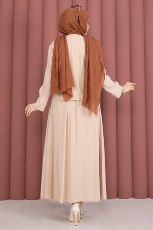 Yandan Bağlamalı Kimono Etek İkili Takım Bej - Thumbnail