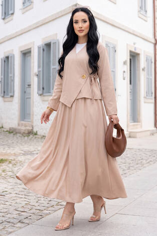 Yandan Bağlamalı Kimono Etek İkili Takım Bej