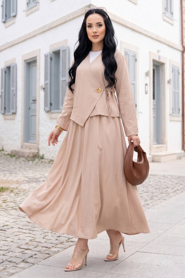Yandan Bağlamalı Kimono Etek İkili Takım Bej