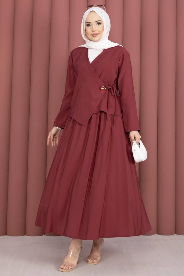 Znk - Yandan Bağlamalı Kimono Etek İkili Takım Bordo
