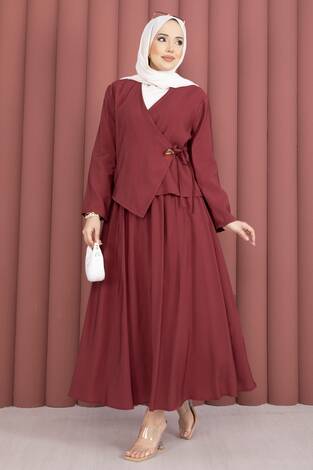 Yandan Bağlamalı Kimono Etek İkili Takım Bordo - Thumbnail