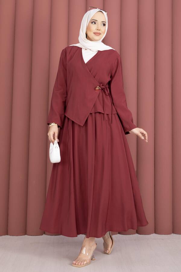 Yandan Bağlamalı Kimono Etek İkili Takım Bordo - 4