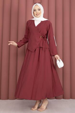 Yandan Bağlamalı Kimono Etek İkili Takım Bordo - Thumbnail