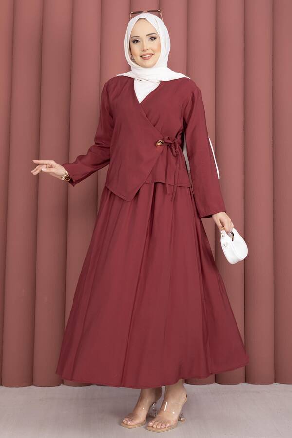 Yandan Bağlamalı Kimono Etek İkili Takım Bordo - 5