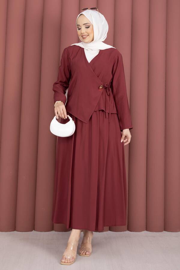 Yandan Bağlamalı Kimono Etek İkili Takım Bordo - 6
