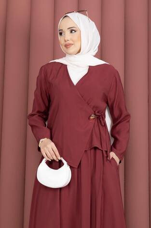 Yandan Bağlamalı Kimono Etek İkili Takım Bordo - Thumbnail