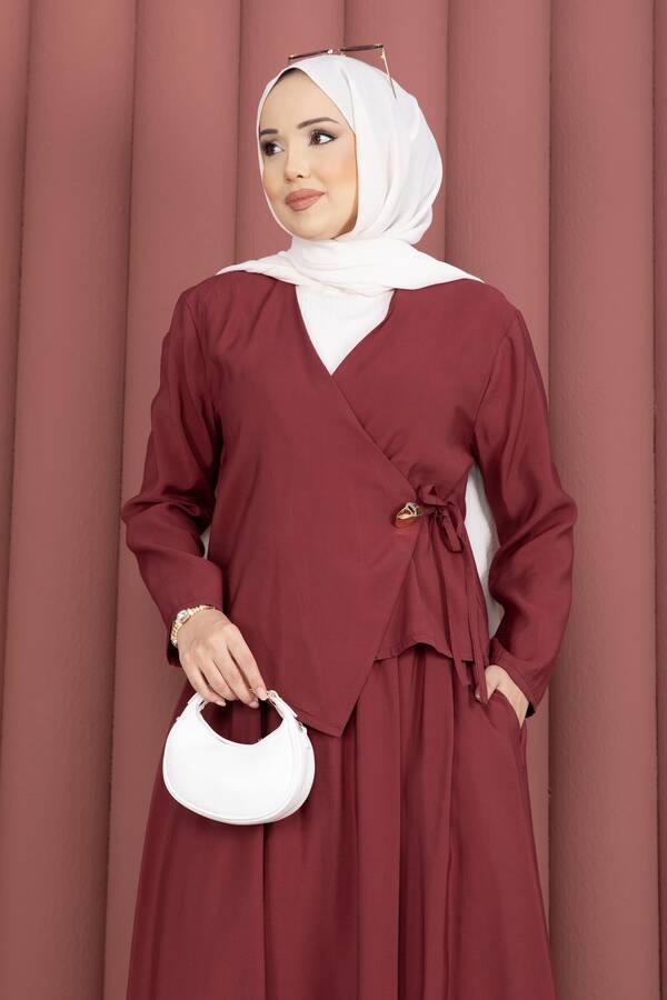 Znk - Yandan Bağlamalı Kimono Etek İkili Takım Bordo (1)