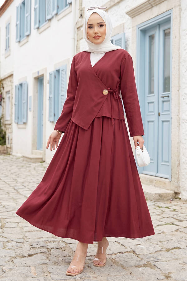 Yandan Bağlamalı Kimono Etek İkili Takım Bordo