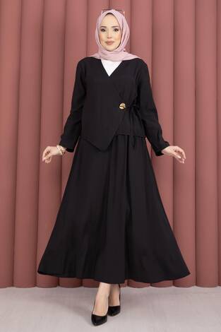 Yandan Bağlamalı Kimono Etek İkili Takım Siyah - Thumbnail