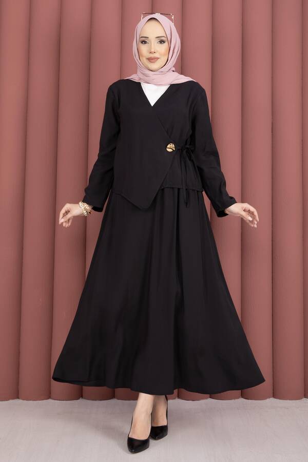 Znk - Yandan Bağlamalı Kimono Etek İkili Takım Siyah