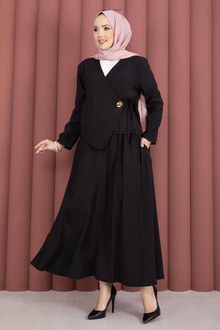 Yandan Bağlamalı Kimono Etek İkili Takım Siyah - Thumbnail